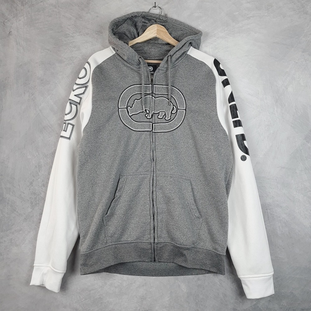 Ecko Unltd Hoodie Mens Large Gray White Full Zip Rhino Logo Raglan Streetwear